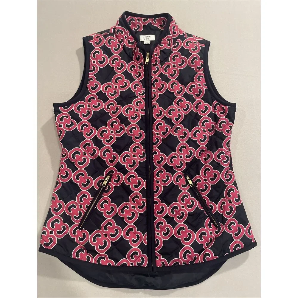 Crown & Ivy SMALL Navy Blue/Pink Puffer Vest  Zipper Pockets EXCELLENT Fast Ship